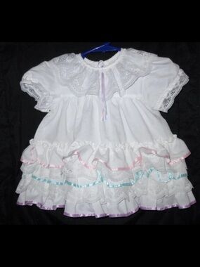 Rare Vintage Jo Lene Baby Frill Dress 12M Heirloom Lace Pastel Ribbon Portrait